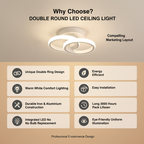 Double Round LED Ceiling Light – Warm White White Finish – Modern Comfort Glow