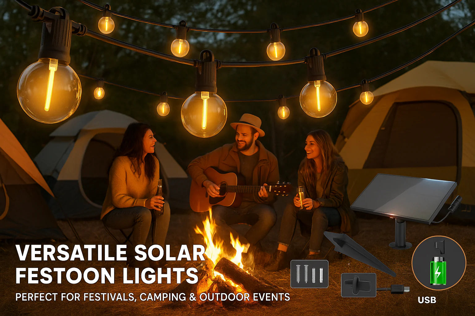 People around a campfire with solar festoon lights hanging above, tents in the background.