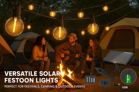 People around a campfire with solar festoon lights hanging above, tents in the background.