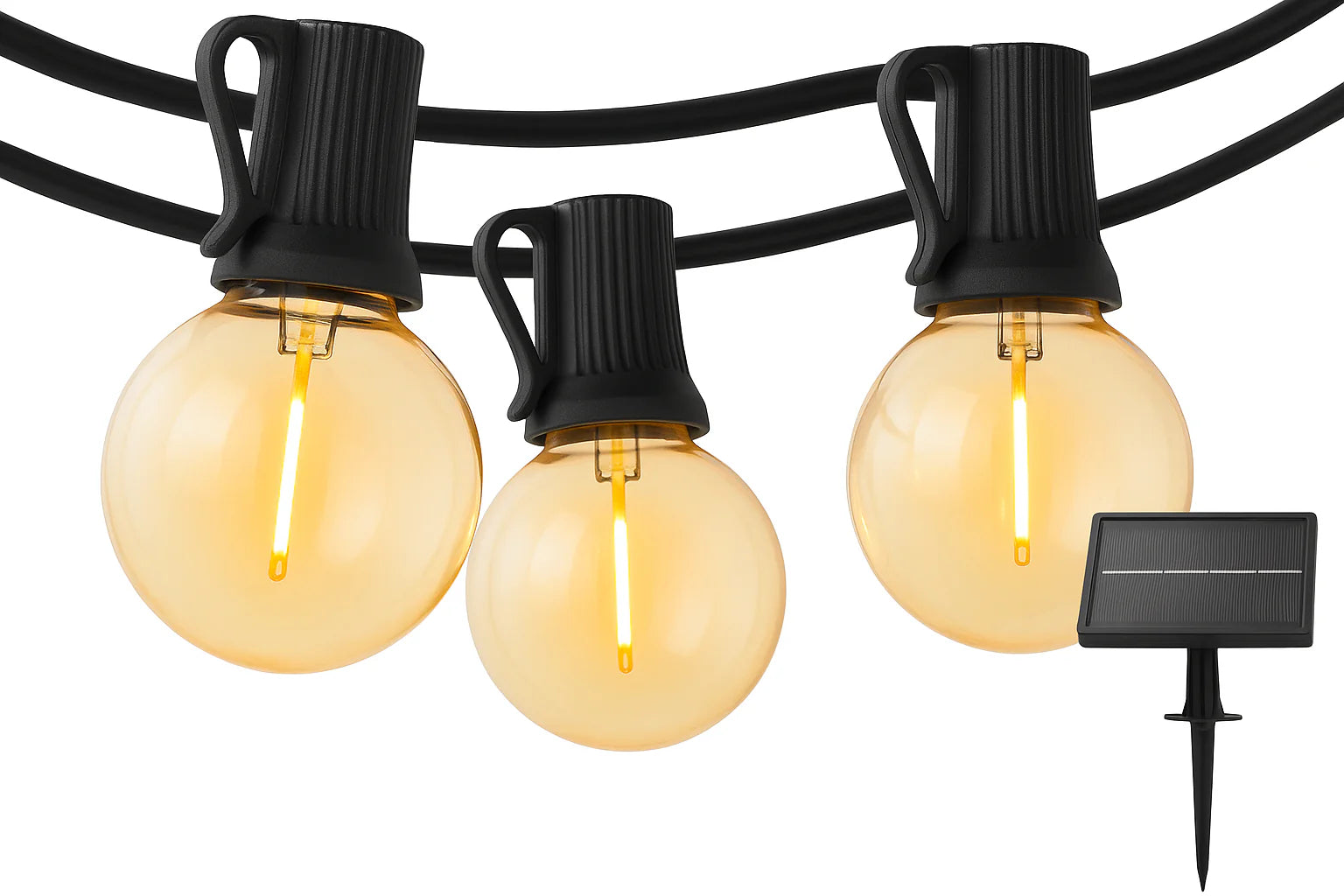 String of outdoor lights with solar panel on a white background