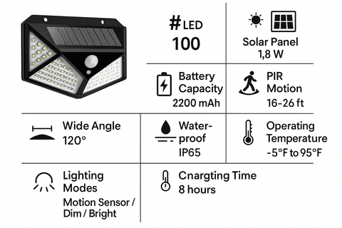 100 LED Solar Security Lights - PIR Motion Sensor & Wide-Angle 4 Pack