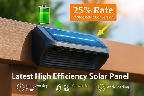 Solar panel on a wooden surface with text highlighting its features.