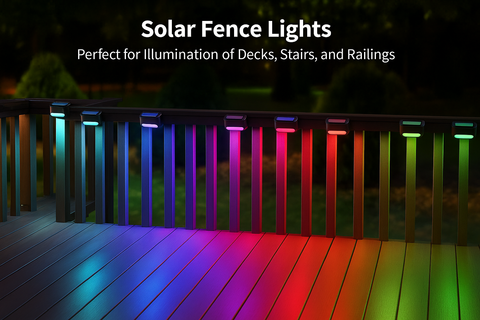 Solar fence lights on a deck with colorful illumination
