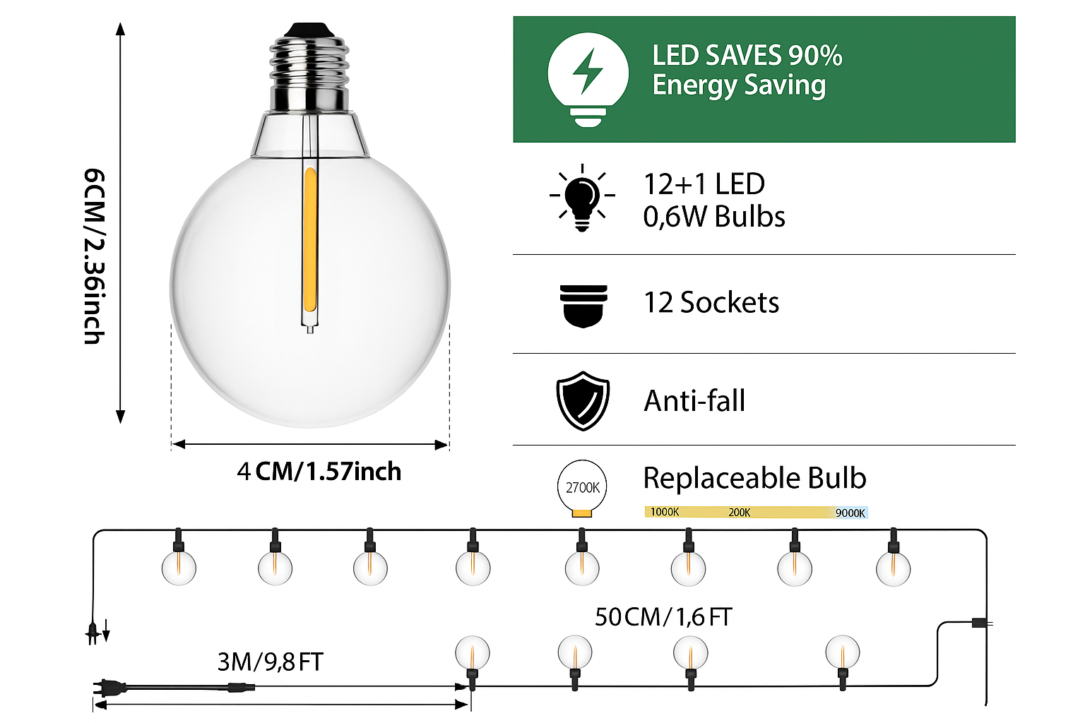 29ft Mains Powered Outdoor Festoon IP54 Weatherproof