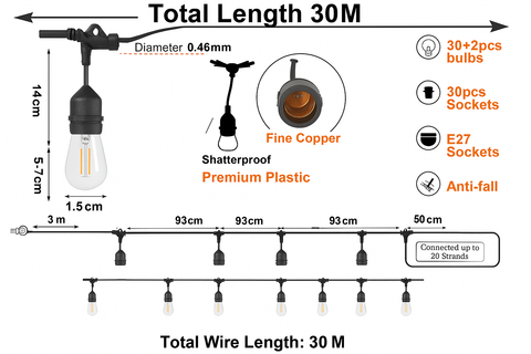 15M Heavy Duty Outdoor Festoon Lights