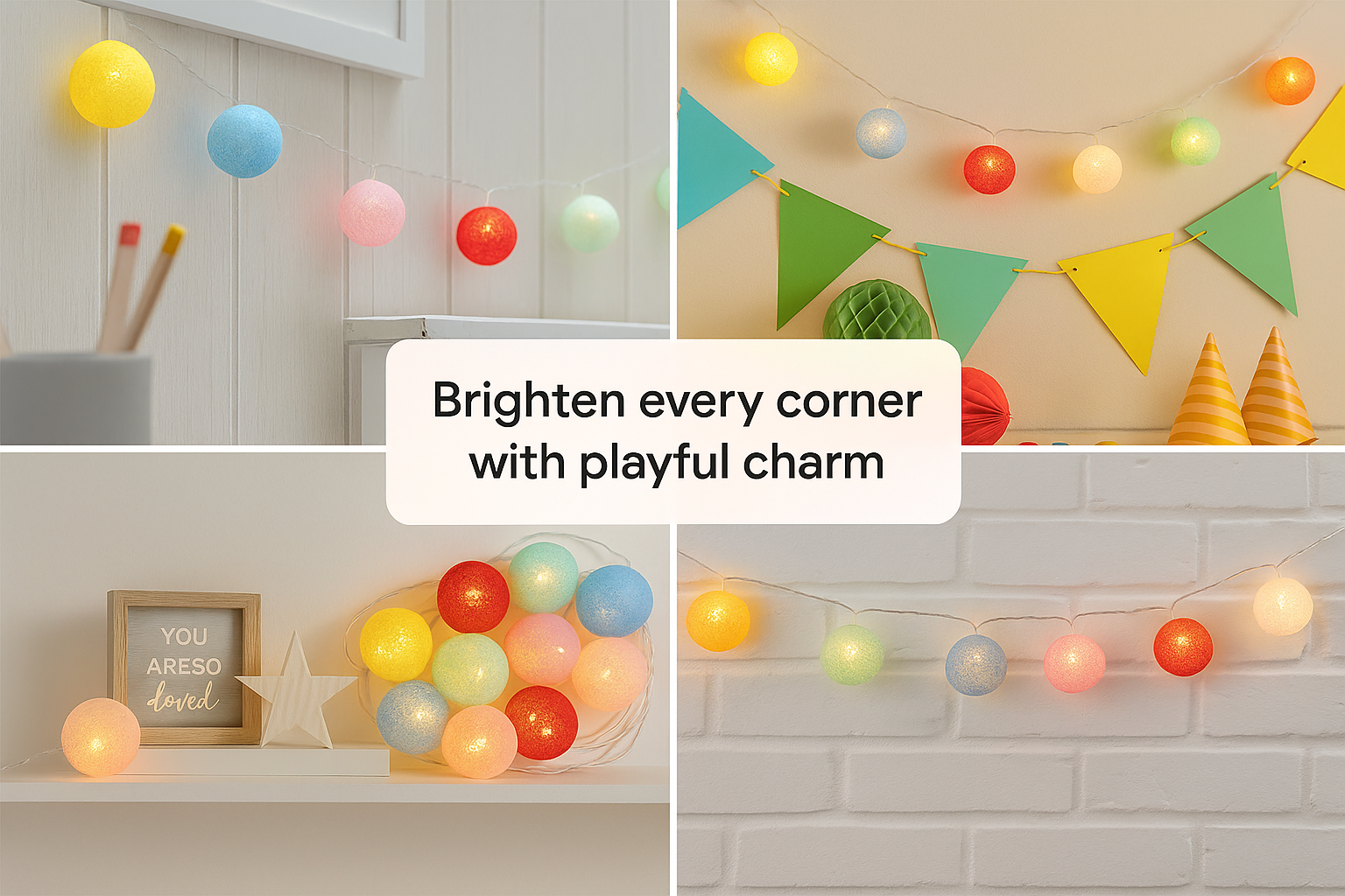 Colorful string lights and bunting in various settings with text overlay.