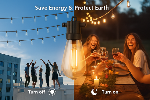 Light bulb with 'Save Energy & Protect Earth' text, people on a rooftop, and people dining outdoors.