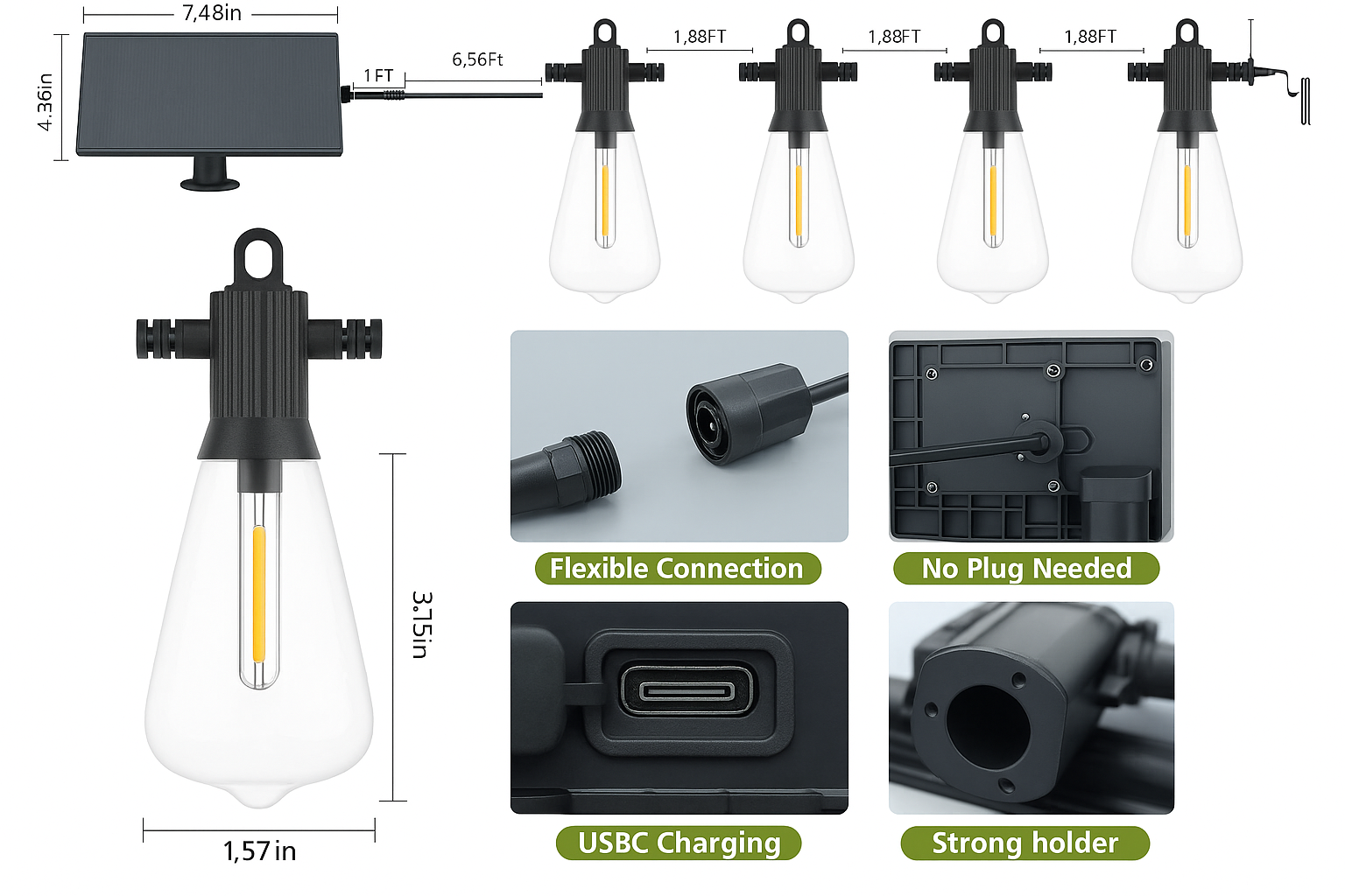 Product details of a solar light with measurements, features, and components on a white background.