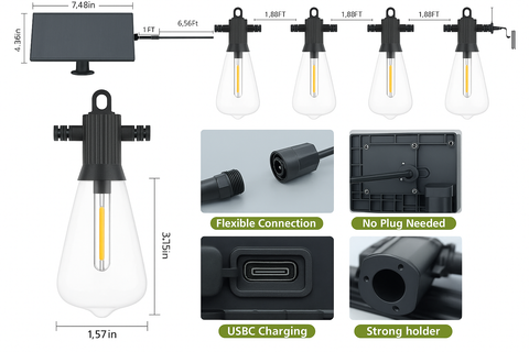Product details of a solar light with measurements, features, and components on a white background.
