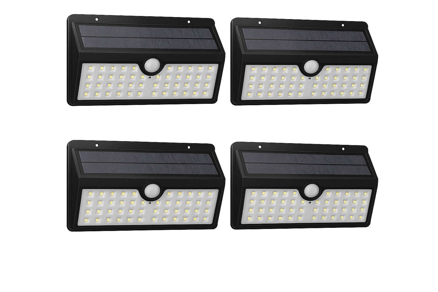 Four solar-powered LED wall lights with motion sensors on a white background