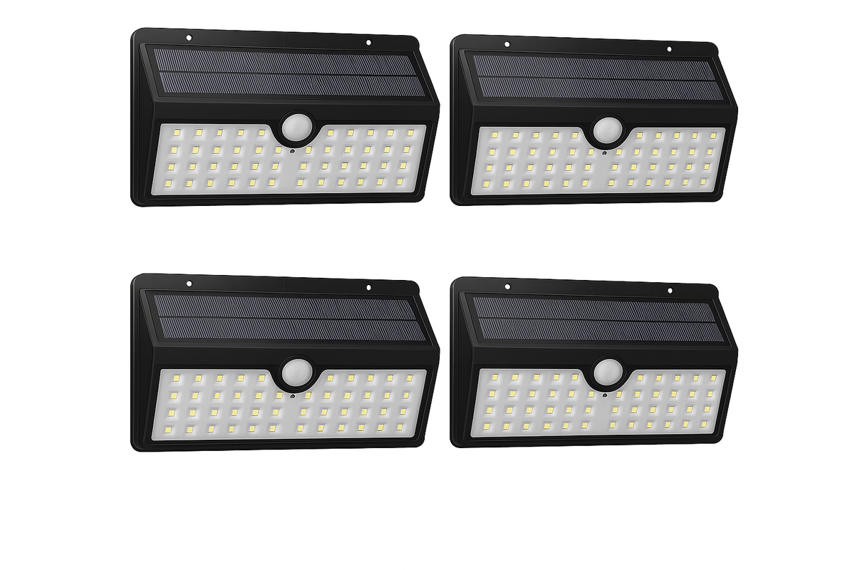 Four solar-powered LED wall lights with motion sensors on a white background