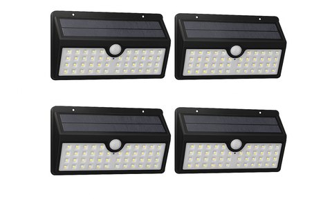 Four solar-powered LED wall lights with motion sensors on a white background