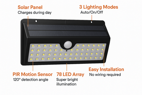 Solar-powered outdoor light with features highlighted on a white background