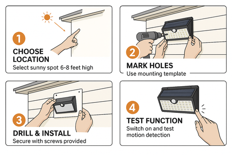 Step-by-step guide for installing a solar motion sensor light with illustrations and text.