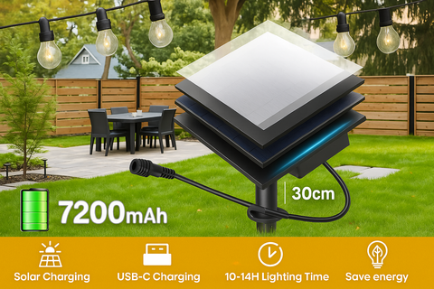 Solar-powered outdoor light fixture with charging details on a garden background