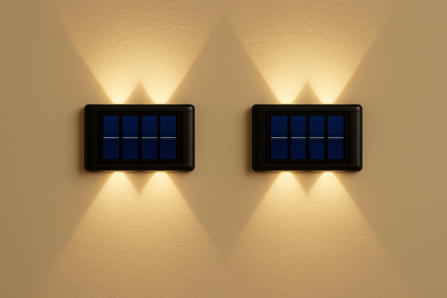 Two solar panel lights on a wall with warm glow