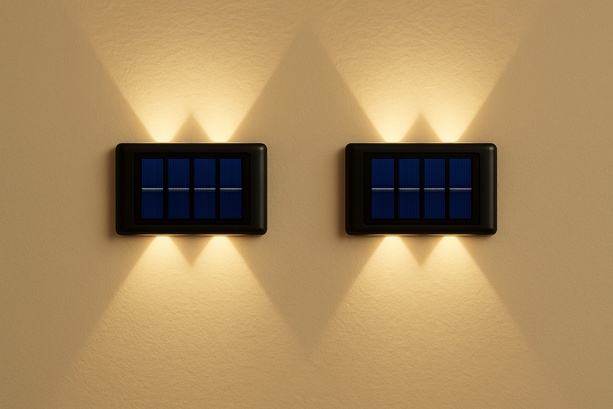 Two solar panel lights on a wall with warm glow