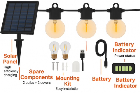 Solar-powered string lights with components labeled on a white background
