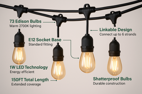 String lights with Edison bulbs, E12 socket base, and other features on a neutral background