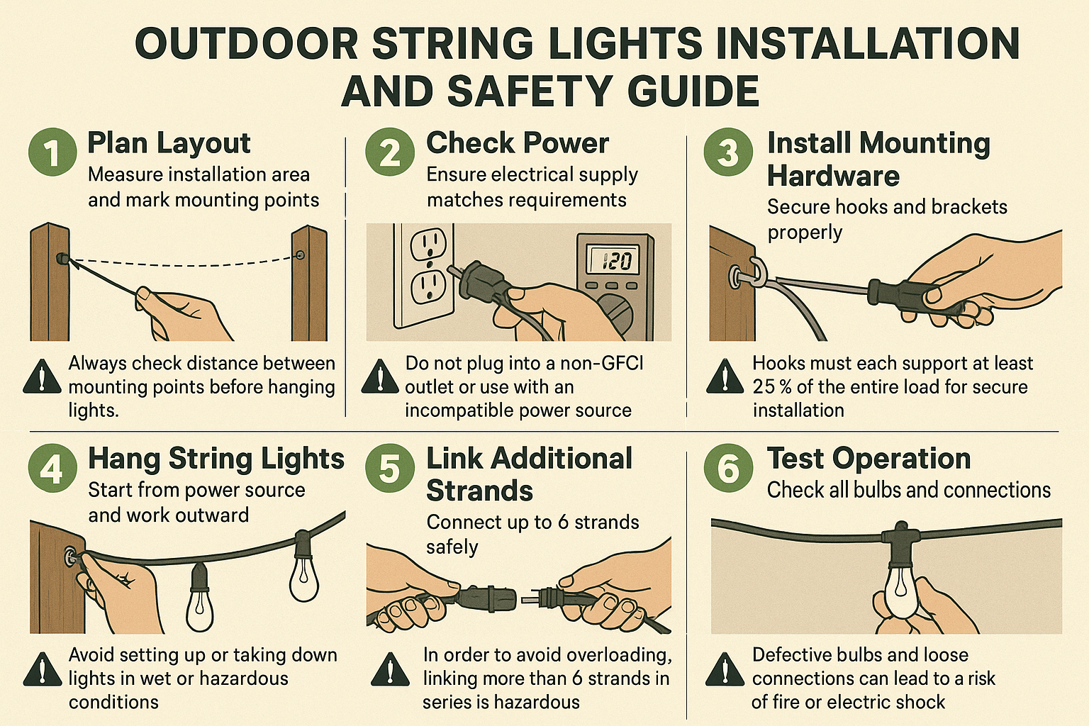 Outdoor string lights installation and safety guide with numbered steps and illustrations.