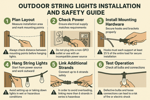 Outdoor string lights installation and safety guide with numbered steps and illustrations.