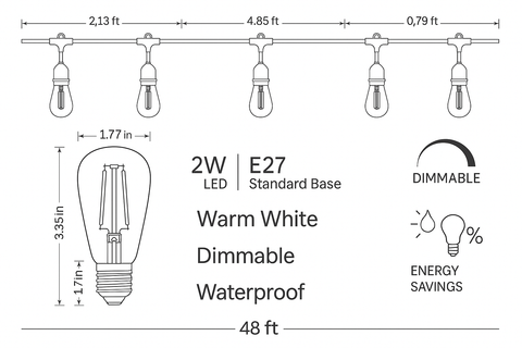 Technical specifications of a LED light bulb with dimensions and features listed.