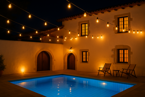 Pool area with string lights and a building at night