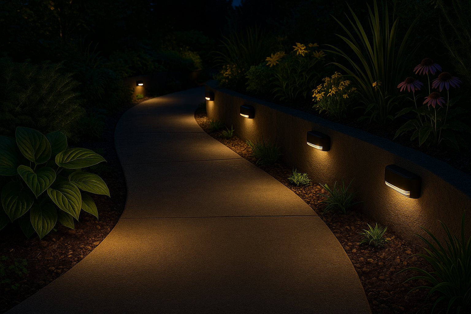 Pathway illuminated by outdoor lighting in a garden setting