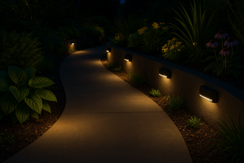 Pathway illuminated by outdoor lighting in a garden setting