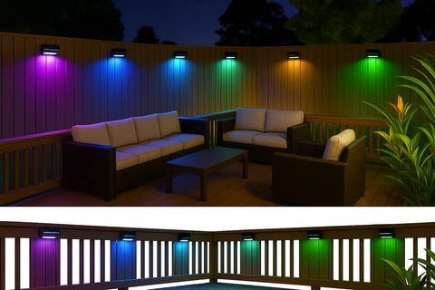 Outdoor patio with colorful LED lights illuminating a wooden deck and furniture.