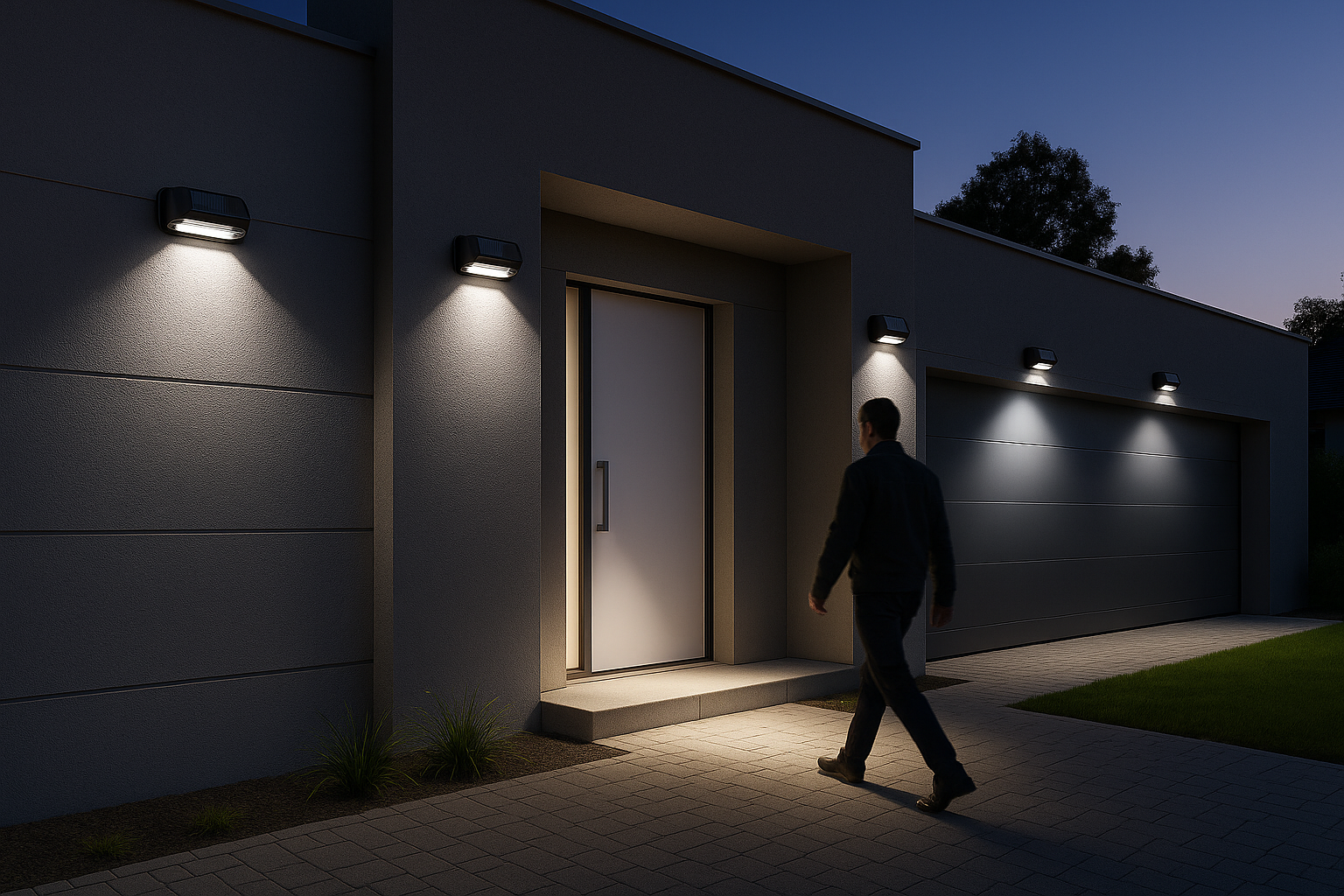 Person walking towards a modern house entrance illuminated by exterior lights at night.
