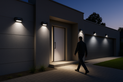 Person walking towards a modern house entrance illuminated by exterior lights at night.