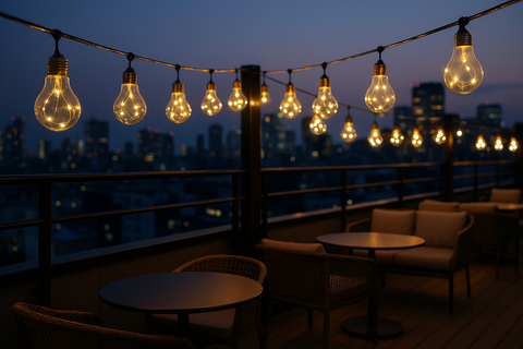 String lights on a rooftop patio with city skyline in the background
