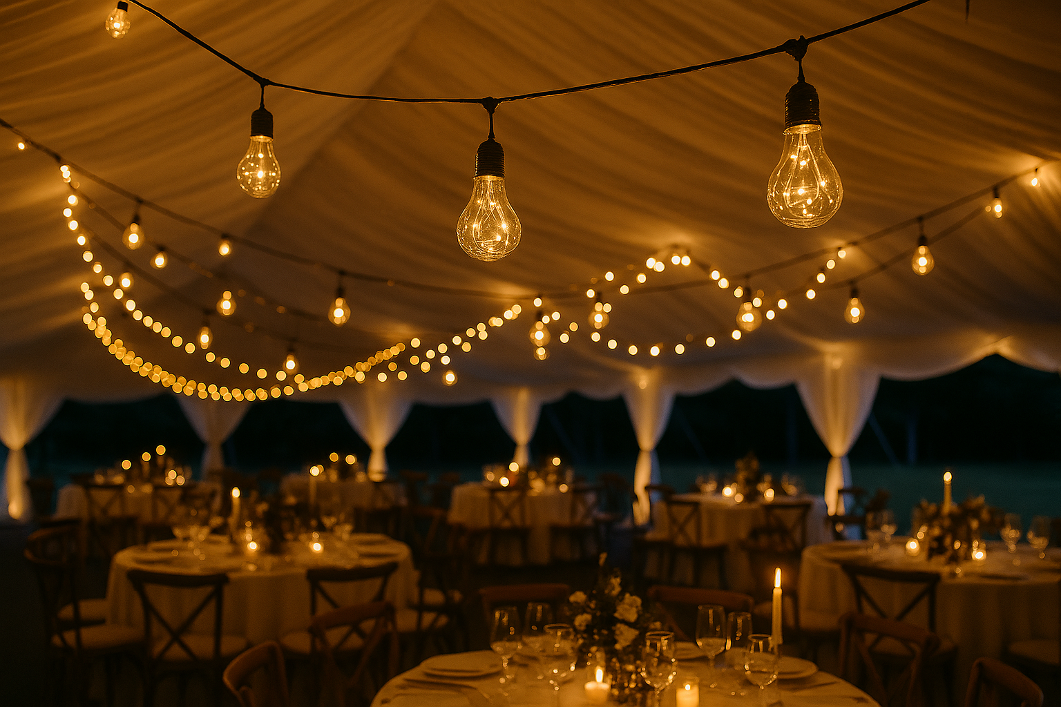 Dining setup under a tent with string lights and candles