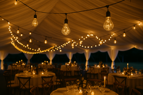 Dining setup under a tent with string lights and candles
