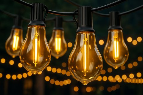 String of illuminated light bulbs against a dark background with blurred lights in the background
