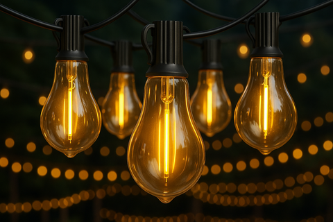String of illuminated light bulbs against a dark background with blurred lights