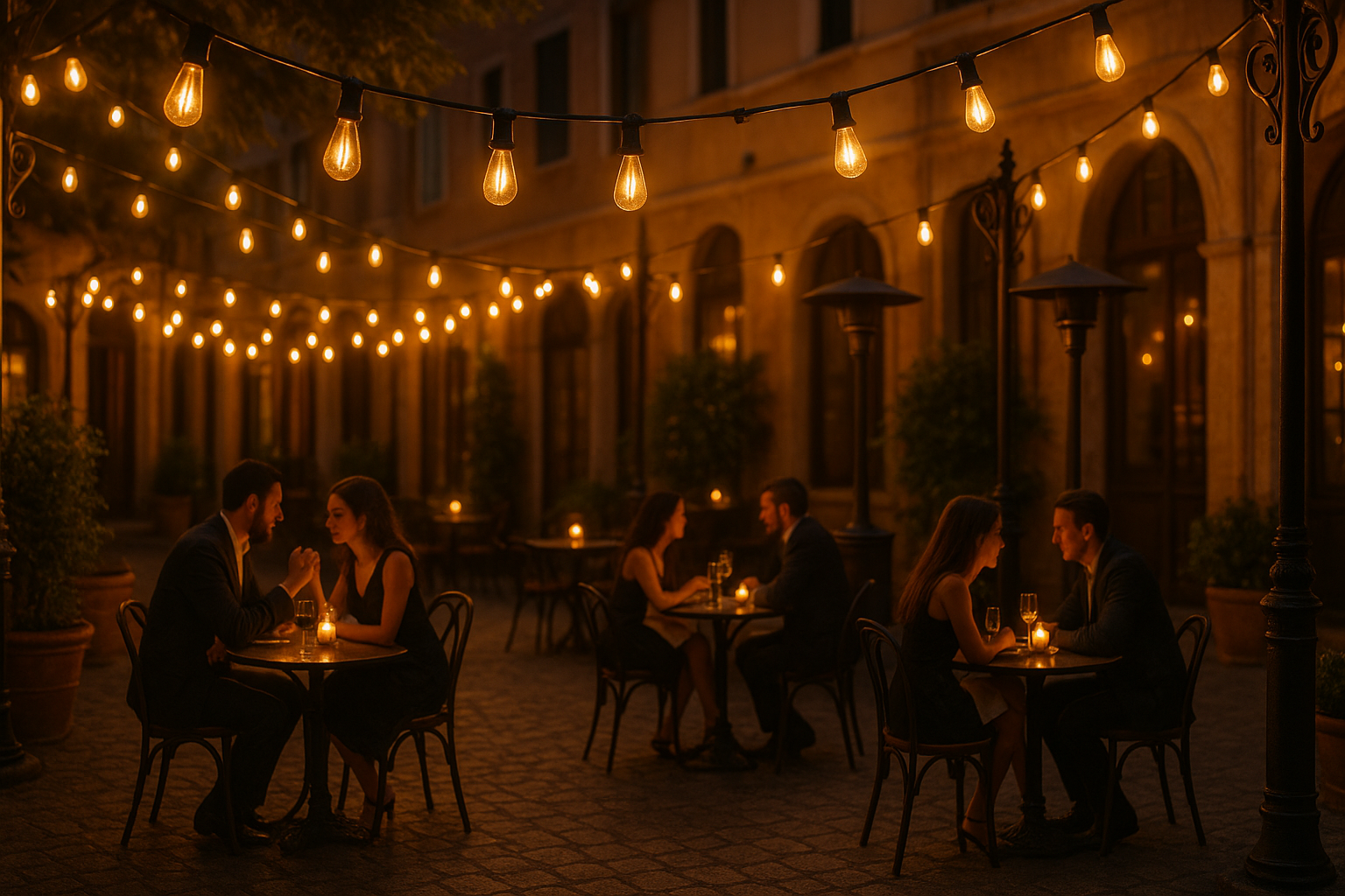Dining scene at night with string lights and people seated at tables.