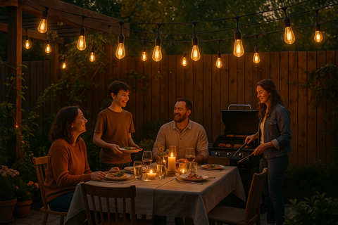 Family enjoying a dinner outdoors under string lights