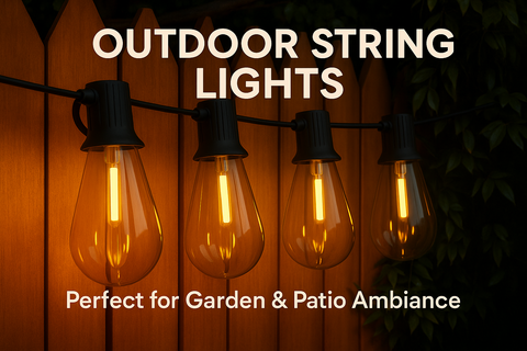 Outdoor string lights with glowing bulbs on a wooden fence, perfect for garden and patio ambiance.