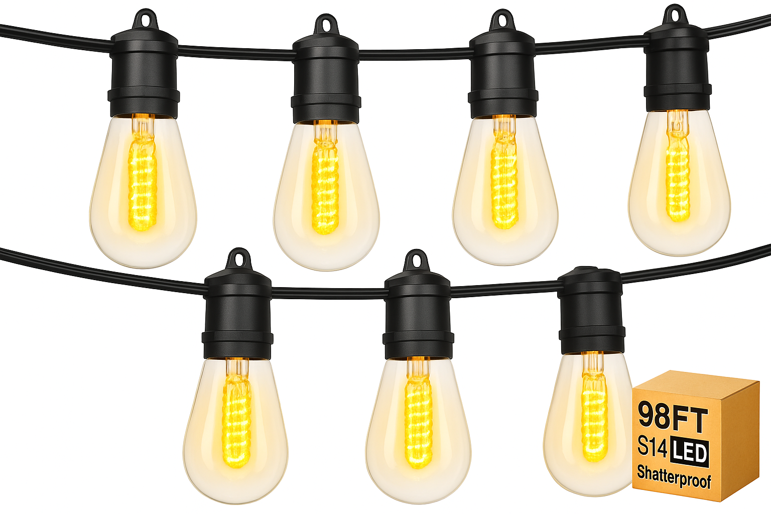 String of LED light bulbs with a box labeled '98FT S14 LED' on a white background