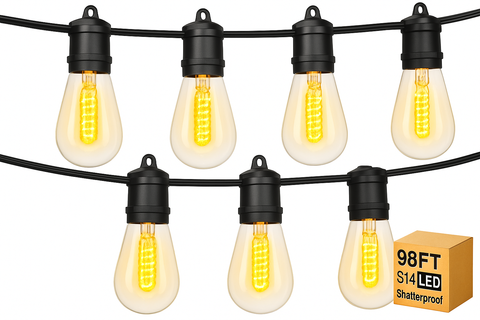 String of LED light bulbs with a box labeled '98FT S14 LED' on a white background