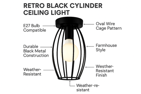 Retro Black Cylinder Ceiling Light – Farmhouse Semi-Flush Mount, E27 Compatible