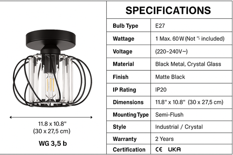 Black Crystal Ceiling Light – E27 Industrial Semi-Flush Fixture