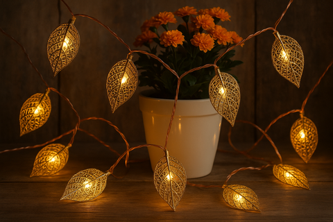 3M 20 LED Geometric Metal Fairy String Lights – Rose Gold Leaf Design – Battery Operated – 8 Modes with Remote