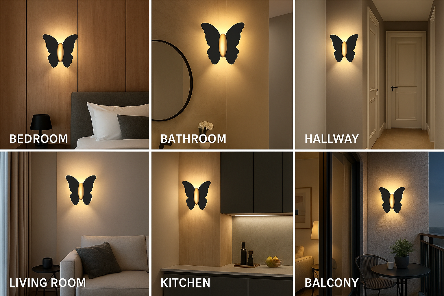 Butterfly-shaped wall lights in various rooms