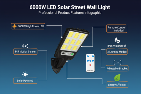 6000W LED Solar Street Wall Light with PIR Motion Sensor - Cool White