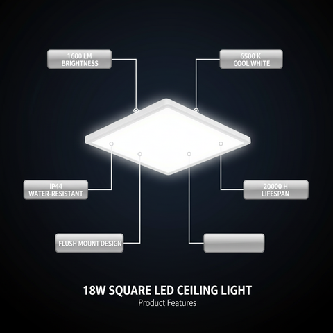 18W Square LED Ceiling Light – Cool White 6500K – Ultra-Bright Flush Mount