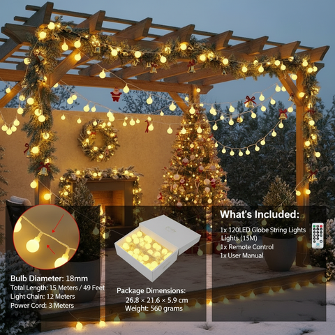 Globe String Lights – Warm White 120LED Fairy Lights with Remote