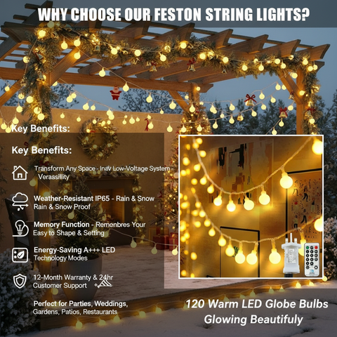 Globe String Lights – Warm White 120LED Fairy Lights with Remote